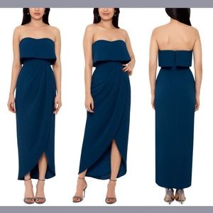 NWT XSCAPE [‎ 4 ] Strapless Ruffle Tulip Skirt Gown in Peacock Blue